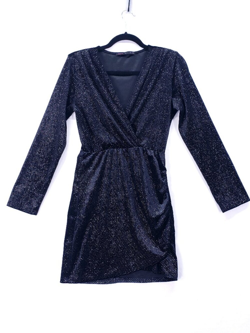 Fraiche By J Mini Dress Size M Sparkly Black Party Runched Long Sleeve Romatic